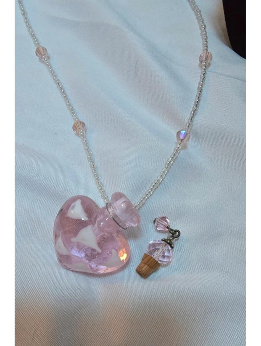 Pink Glass Perfume Bottle Pendant Necklace Beaded Unique Jewelry